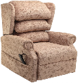 One of All Terrain Mobility's 'tilt in space' rise and recline chairs in a cream colour, very comfortable with a waterfall back.